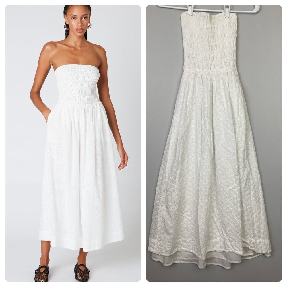 NIA Sz XS White River Dress Smocked Basque Waist Eyelet Cotton Midi Cottagecore